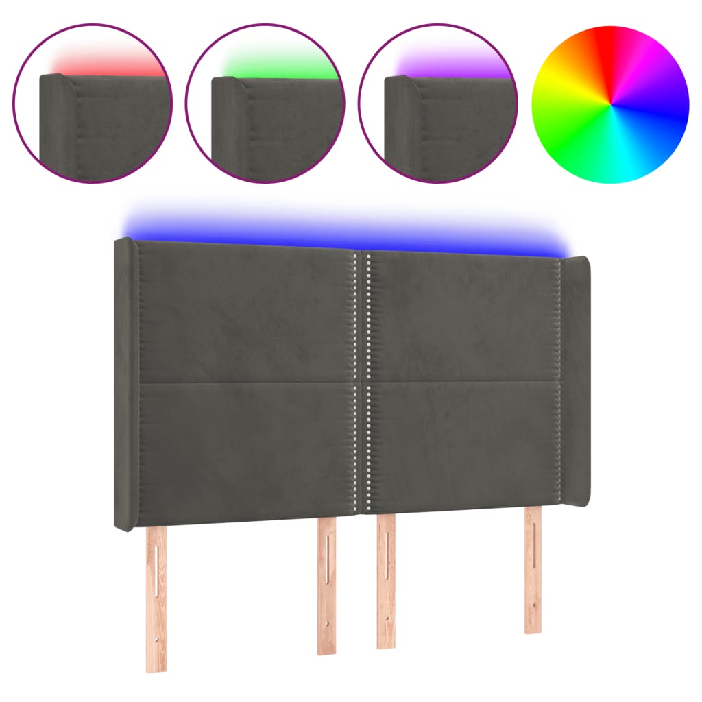 Čelo Postele S Led Tmavě Šedé 147 X 16 X 118/128 Cm Samet