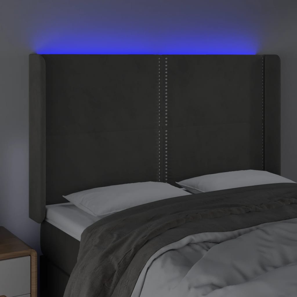 Čelo Postele S Led Tmavě Šedé 147 X 16 X 118/128 Cm Samet