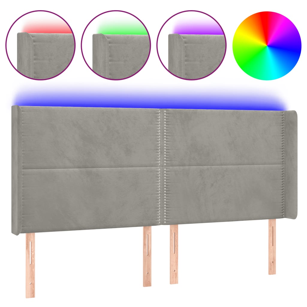 Čelo Postele S Led Světle Šedé 203 X 16 X 118/128 Cm Samet