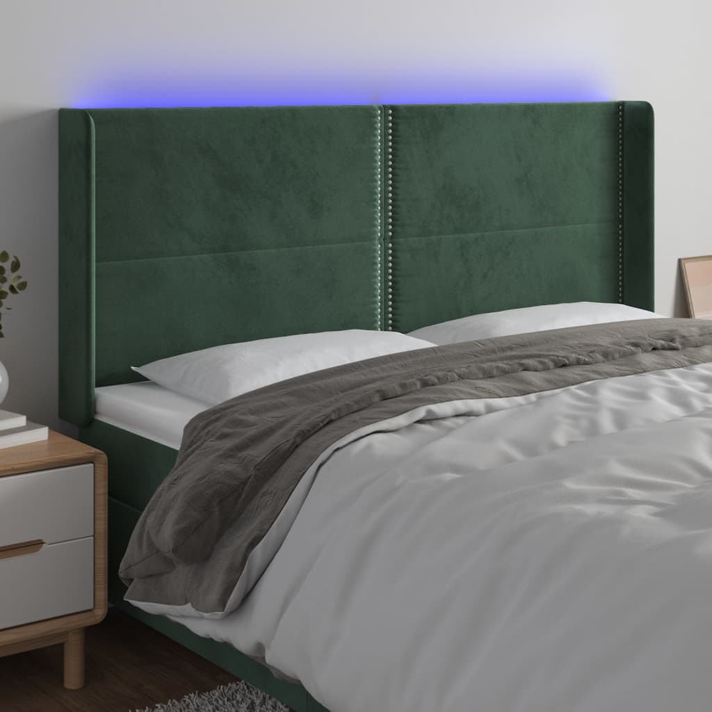 Čelo Postele S Led Tmavě Zelené 203 X 16 X 118/128 Cm Samet