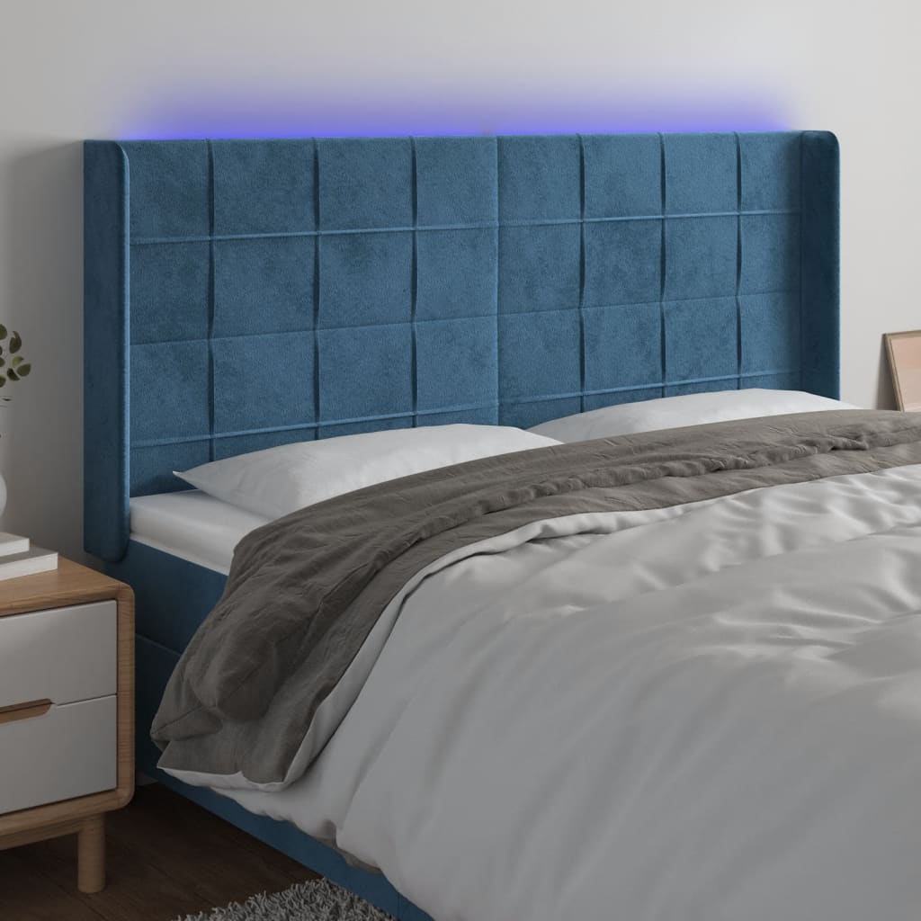 Čelo Postele S Led Tmavě Modré 163 X 16 X 118/128 Cm Samet