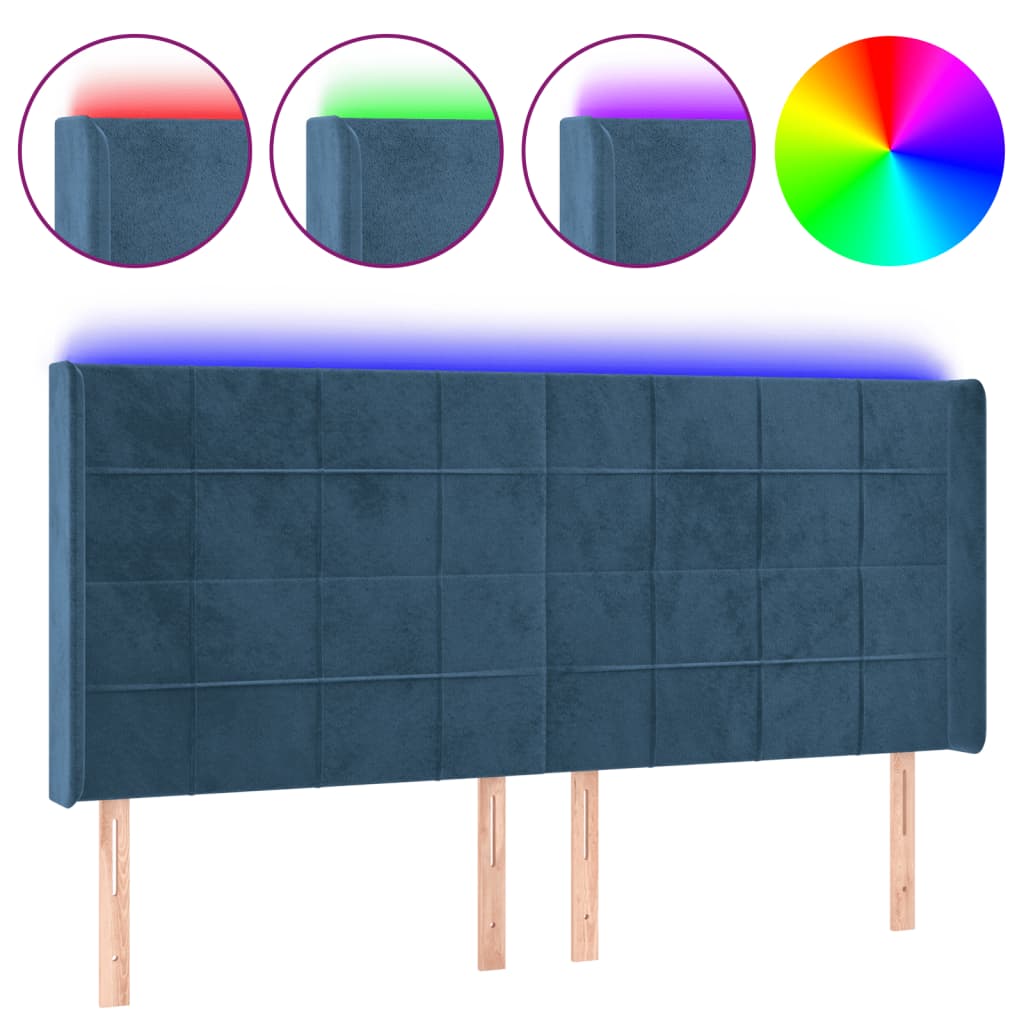 Čelo Postele S Led Tmavě Modré 183 X 16 X 118/128 Cm Samet