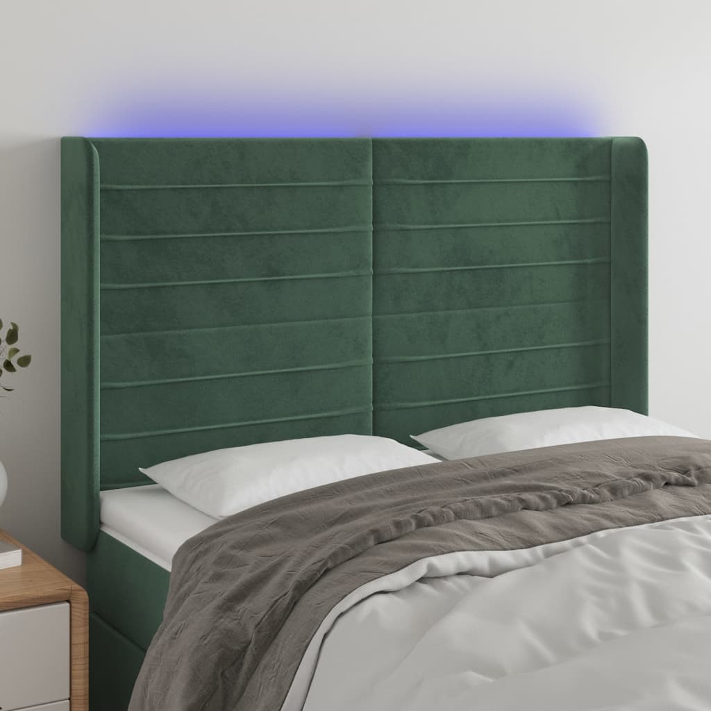 Čelo Postele S Led Tmavě Zelené 147 X 16 X 118/128 Cm Samet