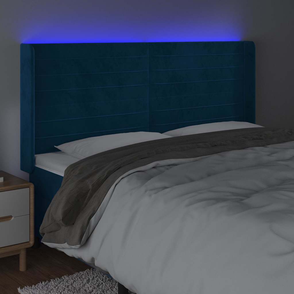Čelo Postele S Led Tmavě Modré 163 X 16 X 118/128 Cm Samet