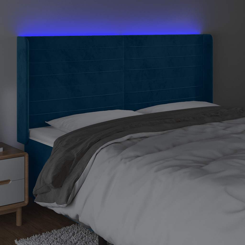 Čelo Postele S Led Tmavě Modré 183 X 16 X 118/128 Cm Samet