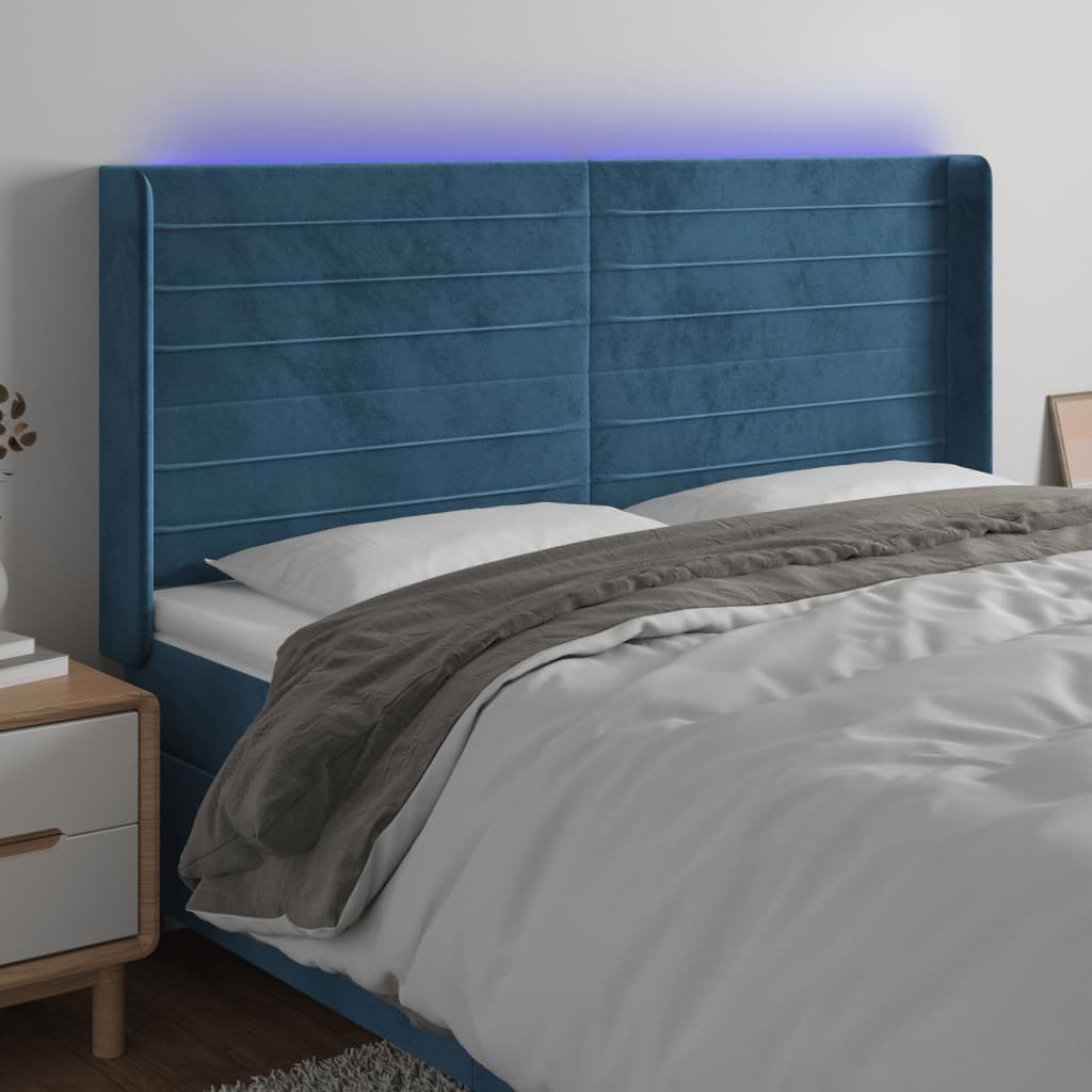 Čelo Postele S Led Tmavě Modré 183 X 16 X 118/128 Cm Samet