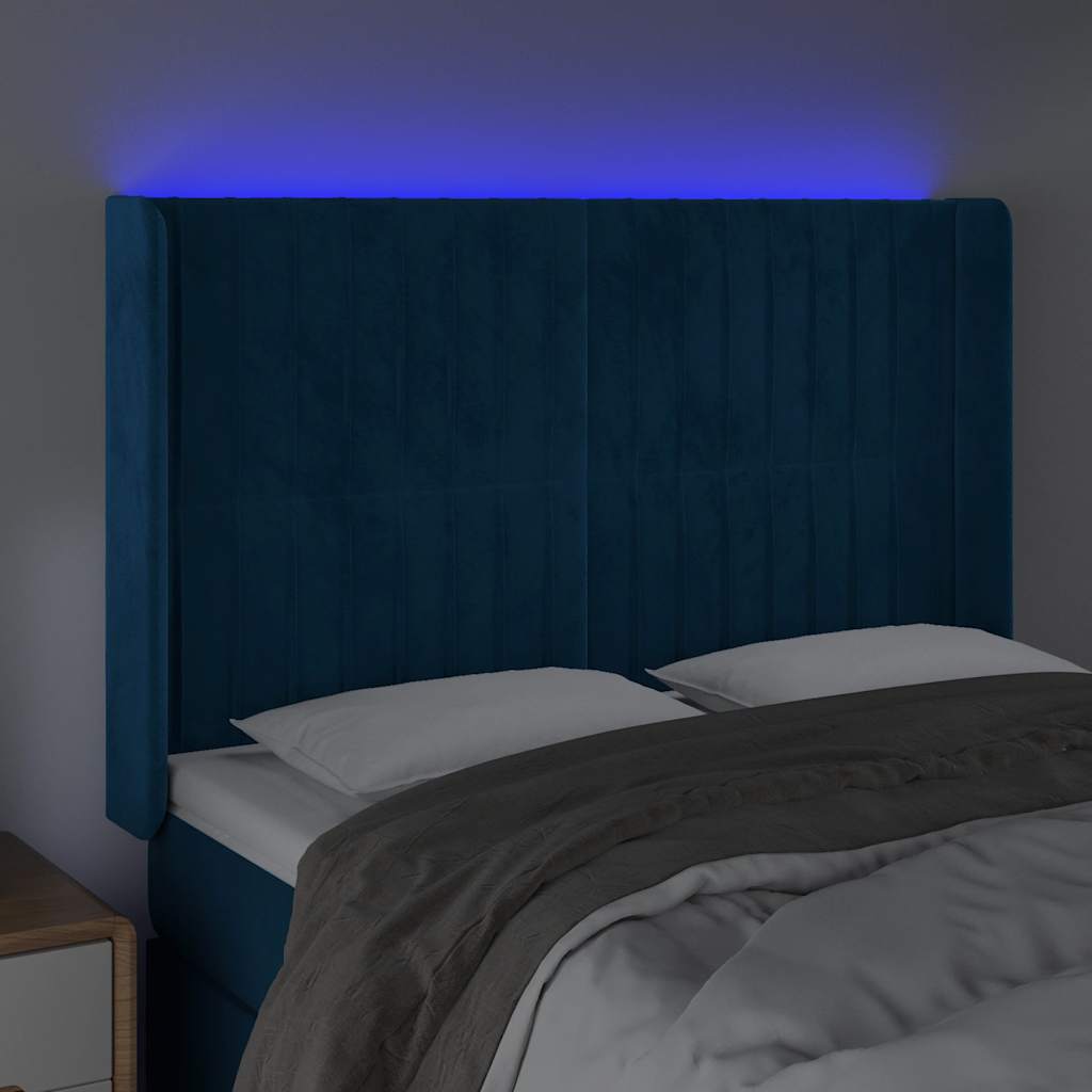Čelo Postele S Led Tmavě Modré 147 X 16 X 118/128 Cm Samet