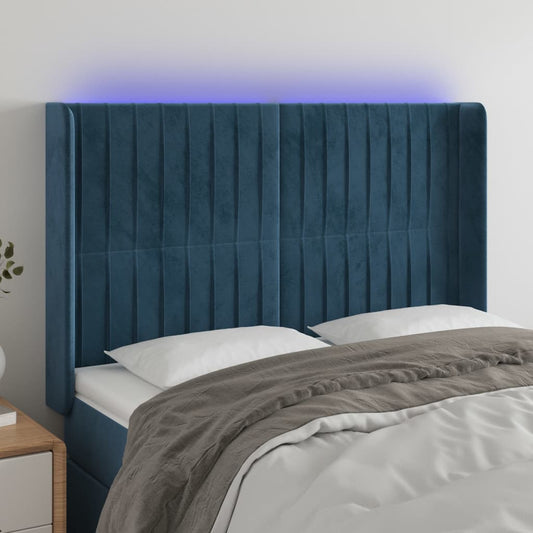 Čelo Postele S Led Tmavě Modré 147 X 16 X 118/128 Cm Samet
