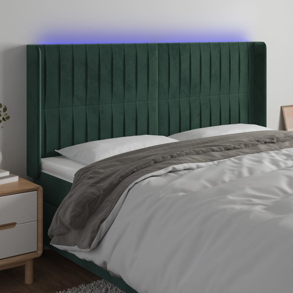 Čelo Postele S Led Tmavě Zelené 203 X 16 X 118/128 Cm Samet