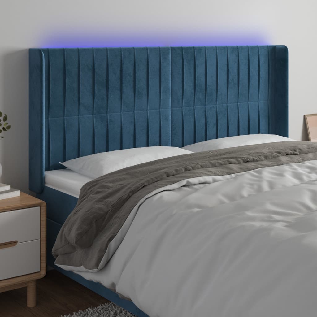 Čelo Postele S Led Tmavě Modré 203 X 16 X 118/128 Cm Samet