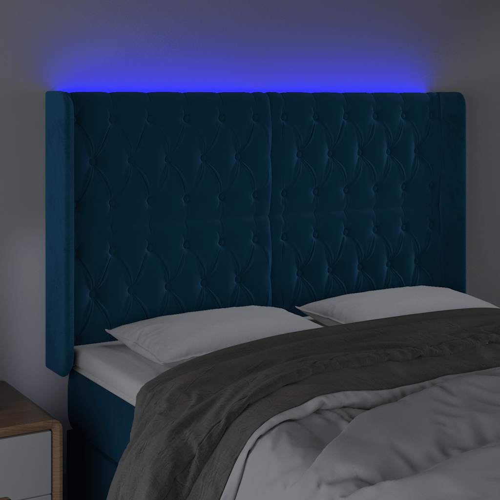 Čelo Postele S Led Tmavě Modré 163 X 16 X 118/128 Cm Samet