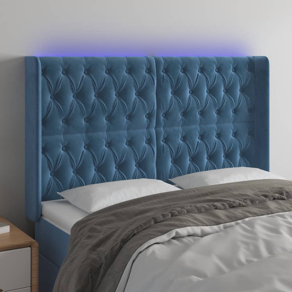Čelo Postele S Led Tmavě Modré 163 X 16 X 118/128 Cm Samet