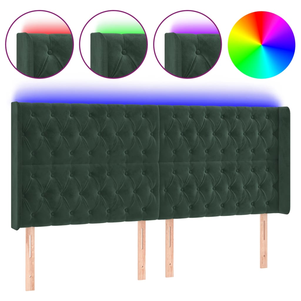 Čelo Postele S Led Tmavě Zelené 183 X 16 X 118/128 Cm Samet
