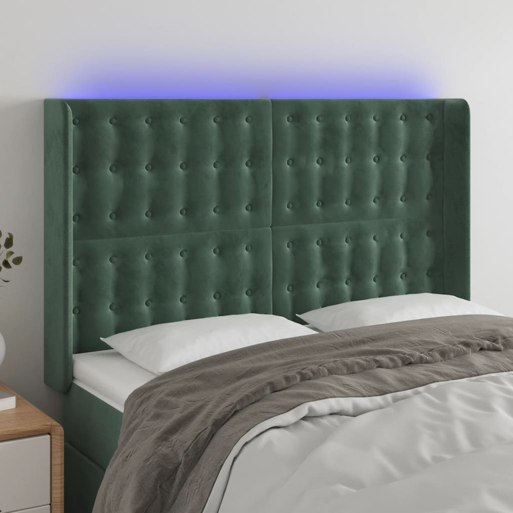 Čelo Postele S Led Tmavě Zelené 147 X 16 X 118/128 Cm Samet