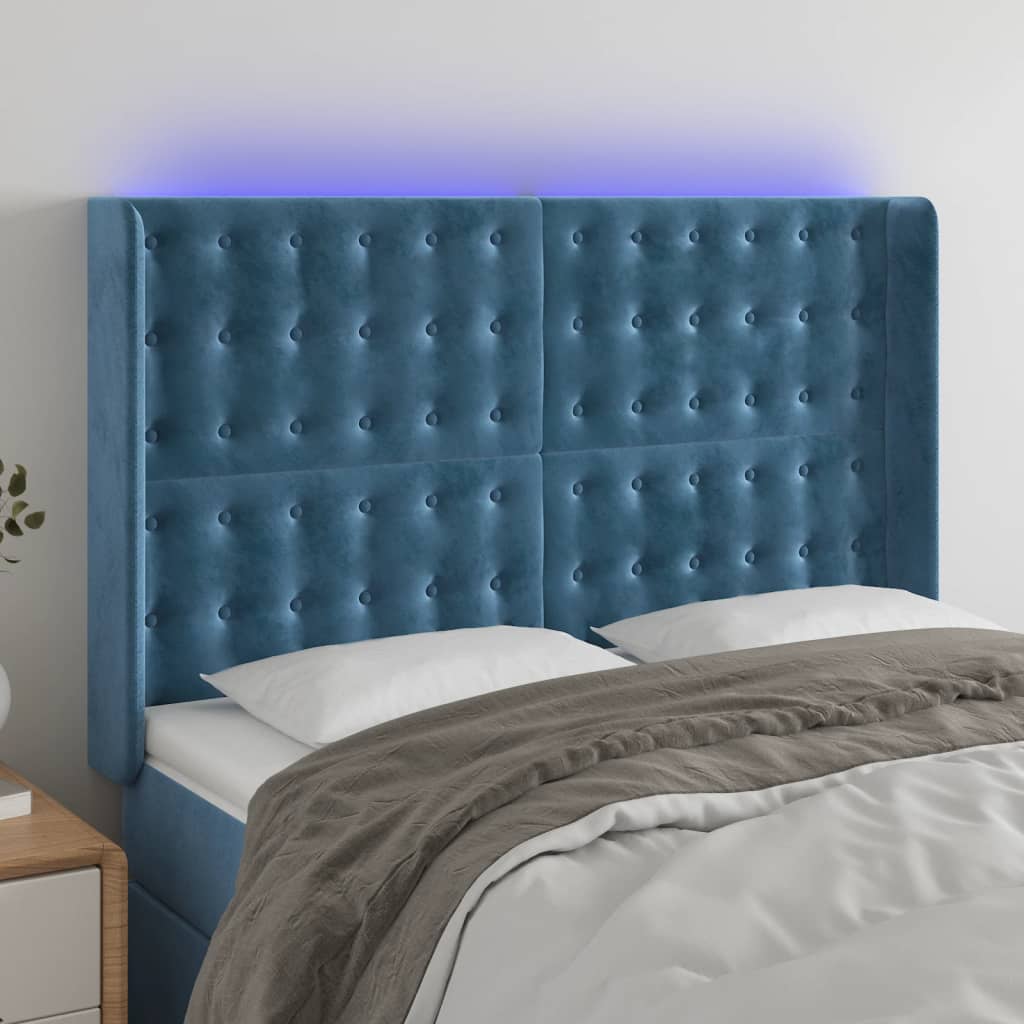 Čelo Postele S Led Tmavě Modré 147 X 16 X 118/128 Cm Samet