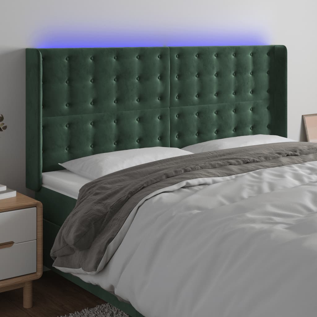 Čelo Postele S Led Tmavě Zelené 203 X 16 X 118/128 Cm Samet