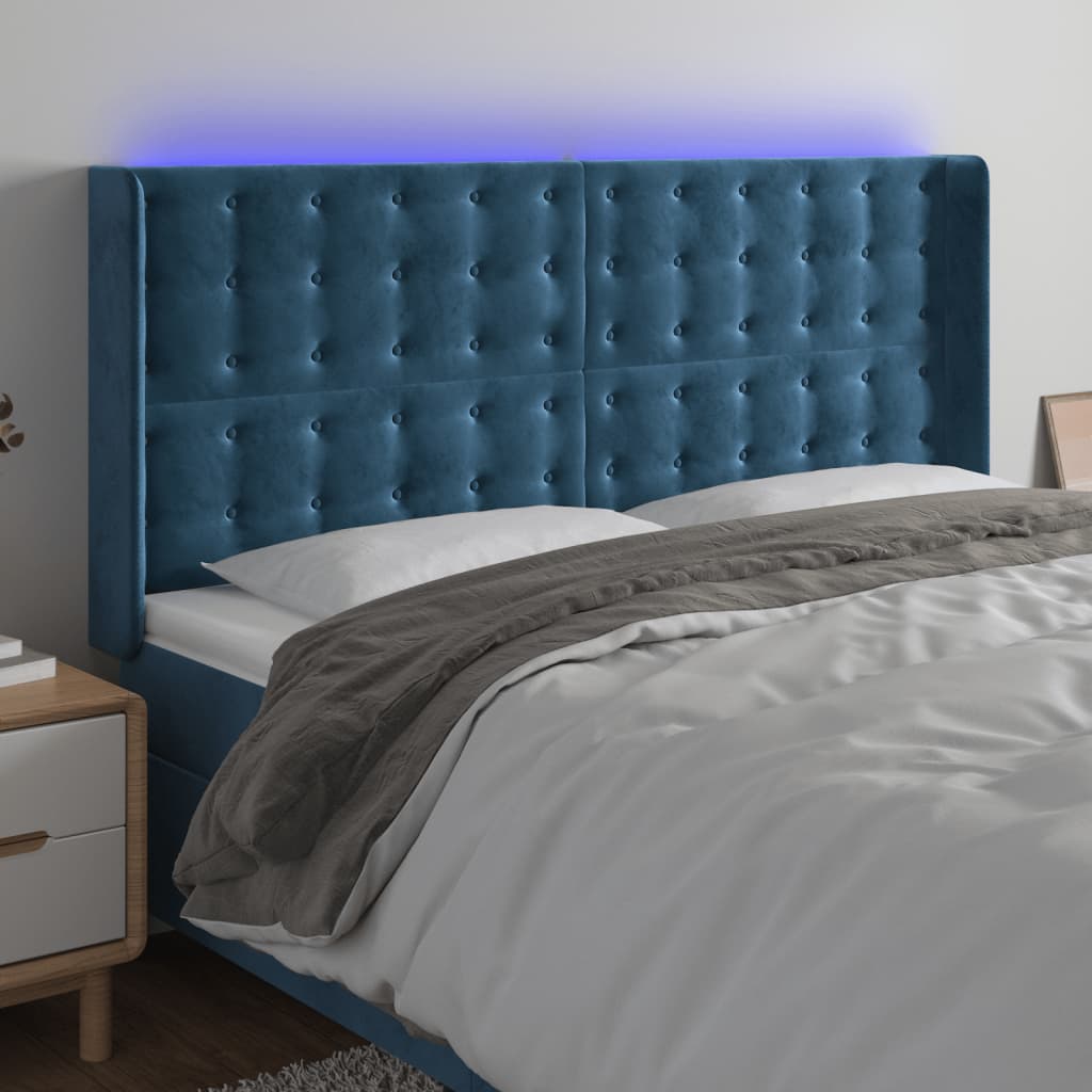 Čelo Postele S Led Tmavě Modré 203 X 16 X 118/128 Cm Samet