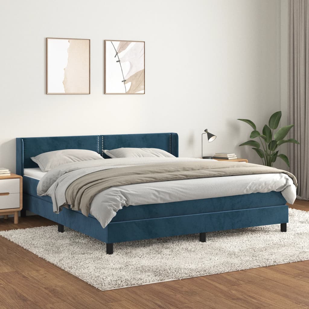 Box Spring Postel S Matrací Tmavě Modrá Samet Tmavě Moddrá