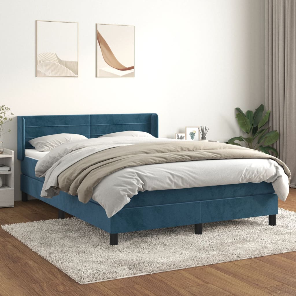 Box Spring Postel S Matrací Tmavě Modrá Samet Tmavě Moddrá