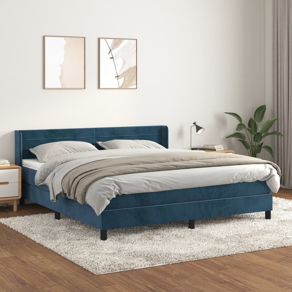 Box Spring Postel S Matrací Tmavě Modrá Samet Tmavě Moddrá