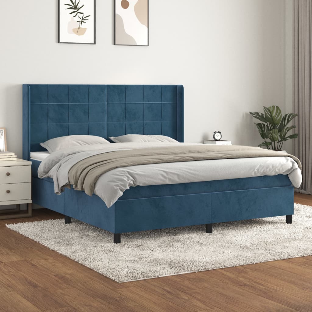 Box Spring Postel S Matrací Tmavě Modrá 160X200 Cm Samet