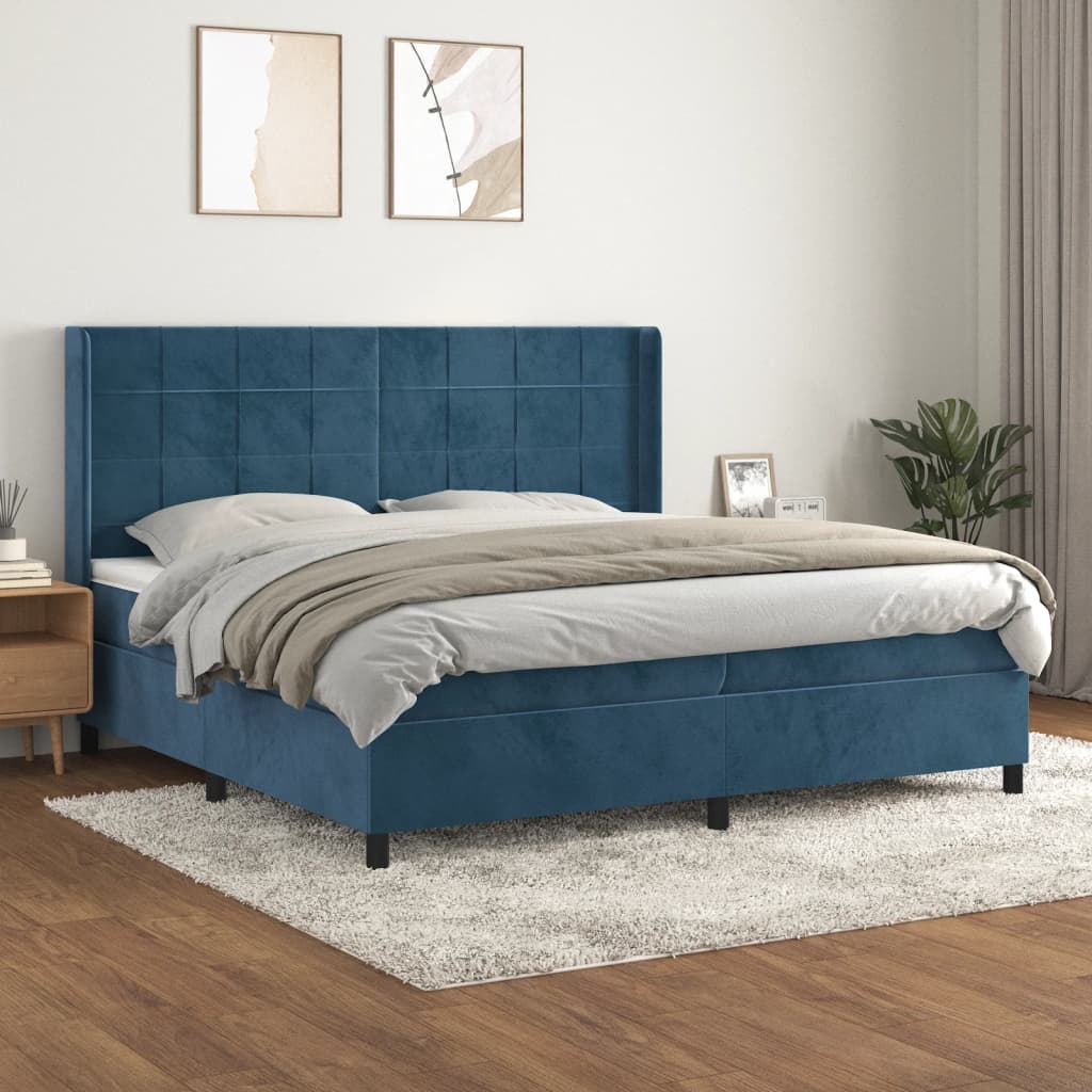 Box Spring Postel S Matrací Tmavě Modrá 200X200 Cm Samet