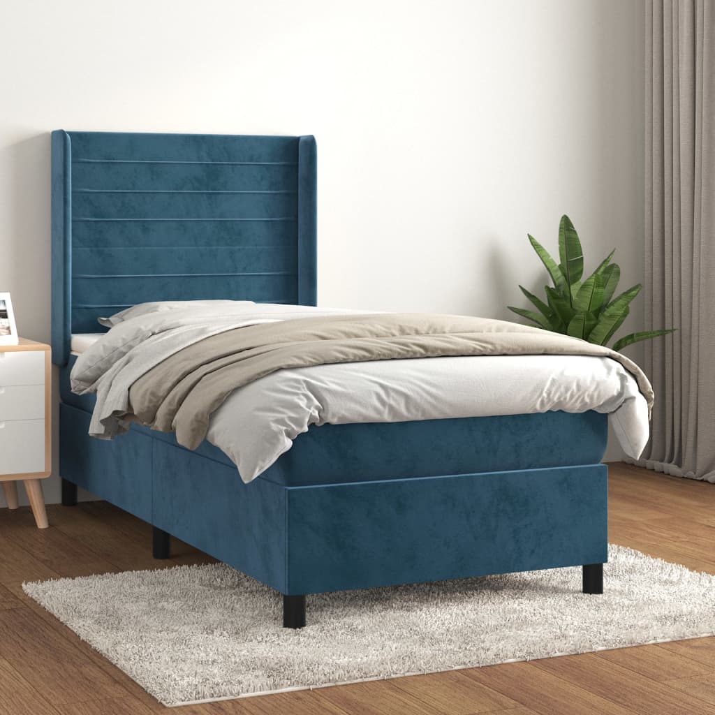 Box Spring Postel S Matrací Tmavě Modrá 90X200 Cm Samet