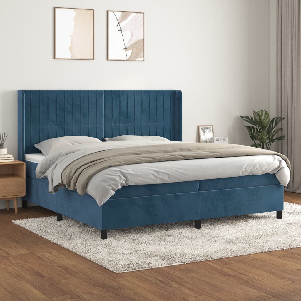 Box Spring Postel S Matrací Tmavě Modrá 200X200 Cm Samet