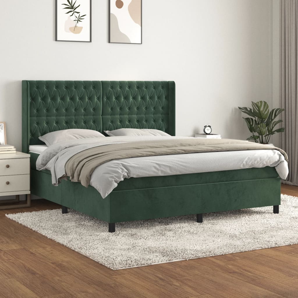 Box Spring Postel S Matrací Tmavě Zelená 180X200 Cm Samet