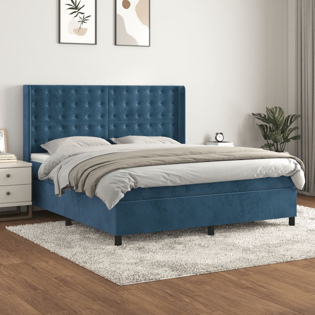 Box Spring Postel S Matrací Tmavě Modrá 160X200 Cm Samet