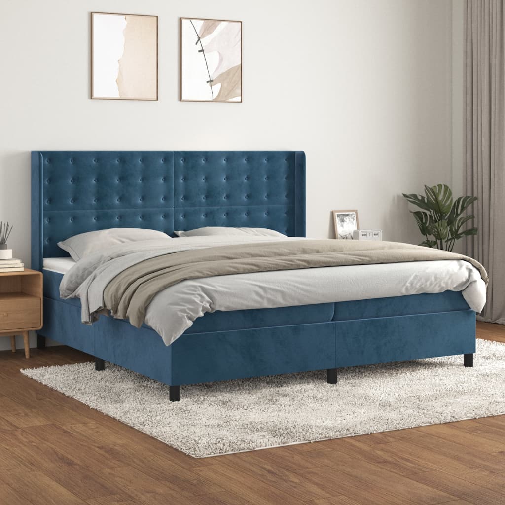 Box Spring Postel S Matrací Tmavě Modrá 200X200 Cm Samet