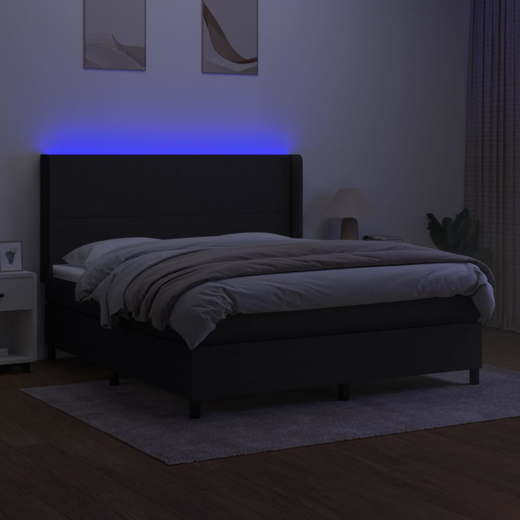 Box Spring Postel S Matrací A Led Černá Textil Černá