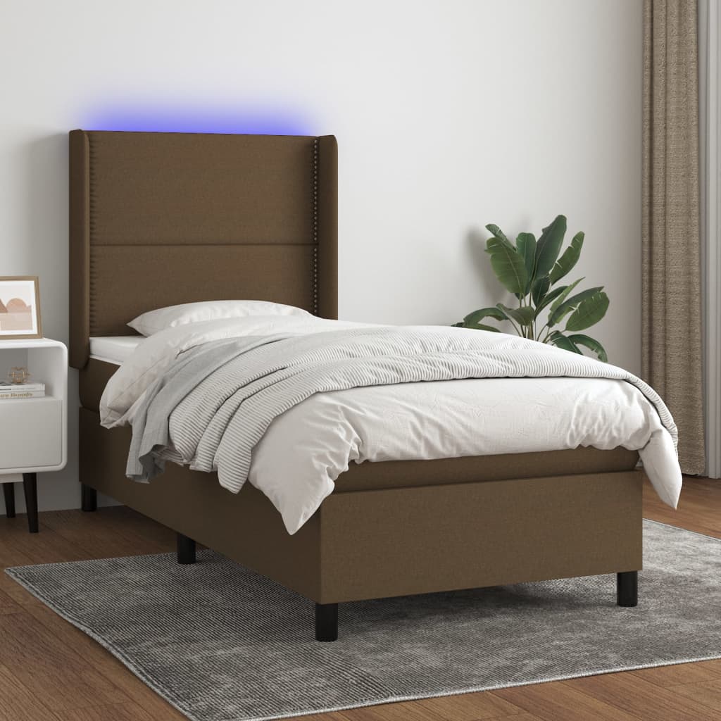 Box Spring Postel S Matrací A Led Tmavě Hnědá 100X200 Cm Textil