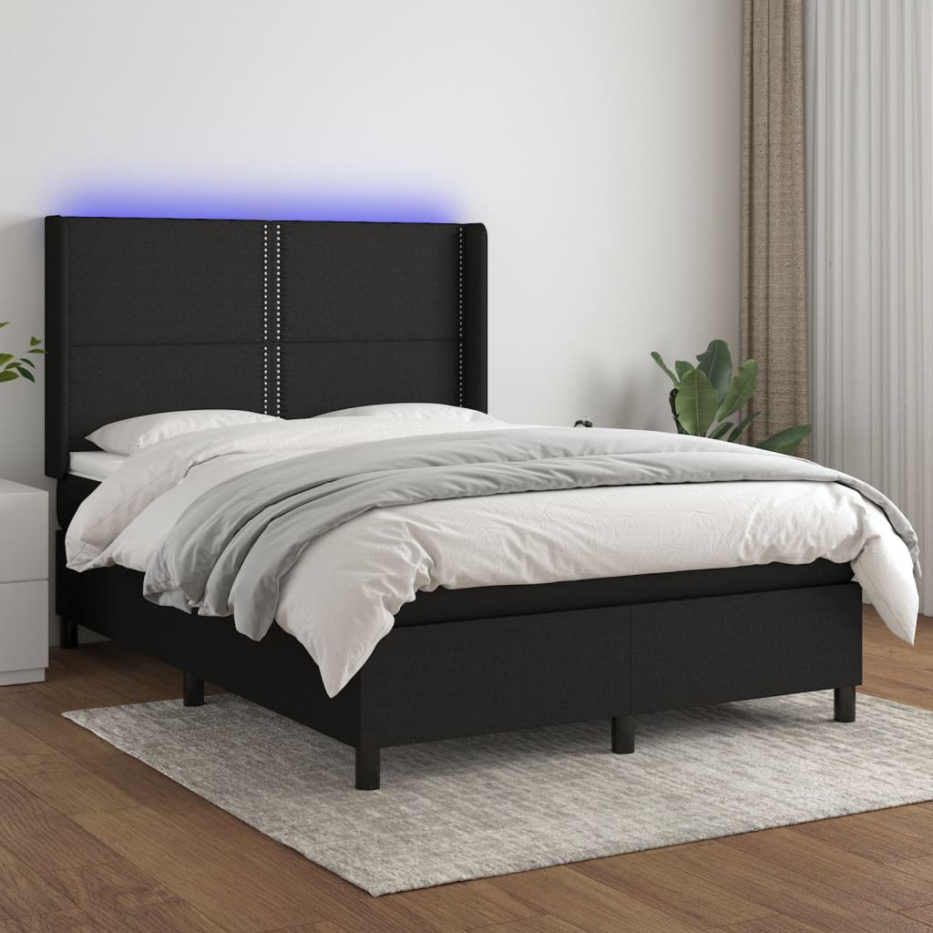 Box Spring Postel S Matrací A Led Černá Textil Černá