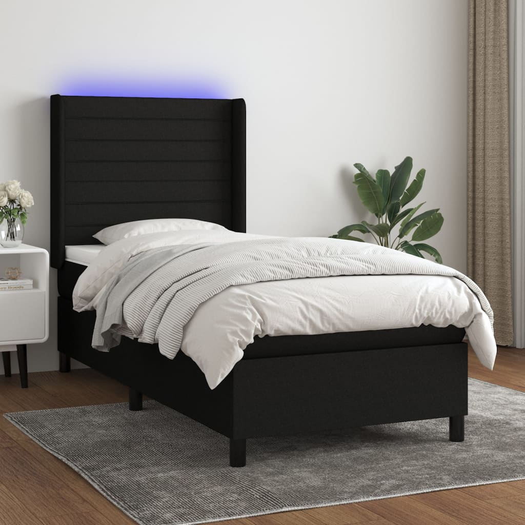Box Spring Postel S Matrací A Led Černá Textil Černá