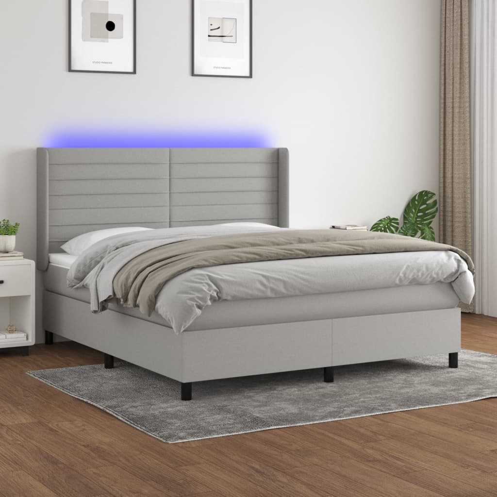 Box Spring Postel S Matrací A Led Textil Světle Šedá
