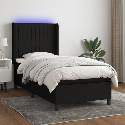 Box Spring Postel S Matrací A Led Černá Textil Černá