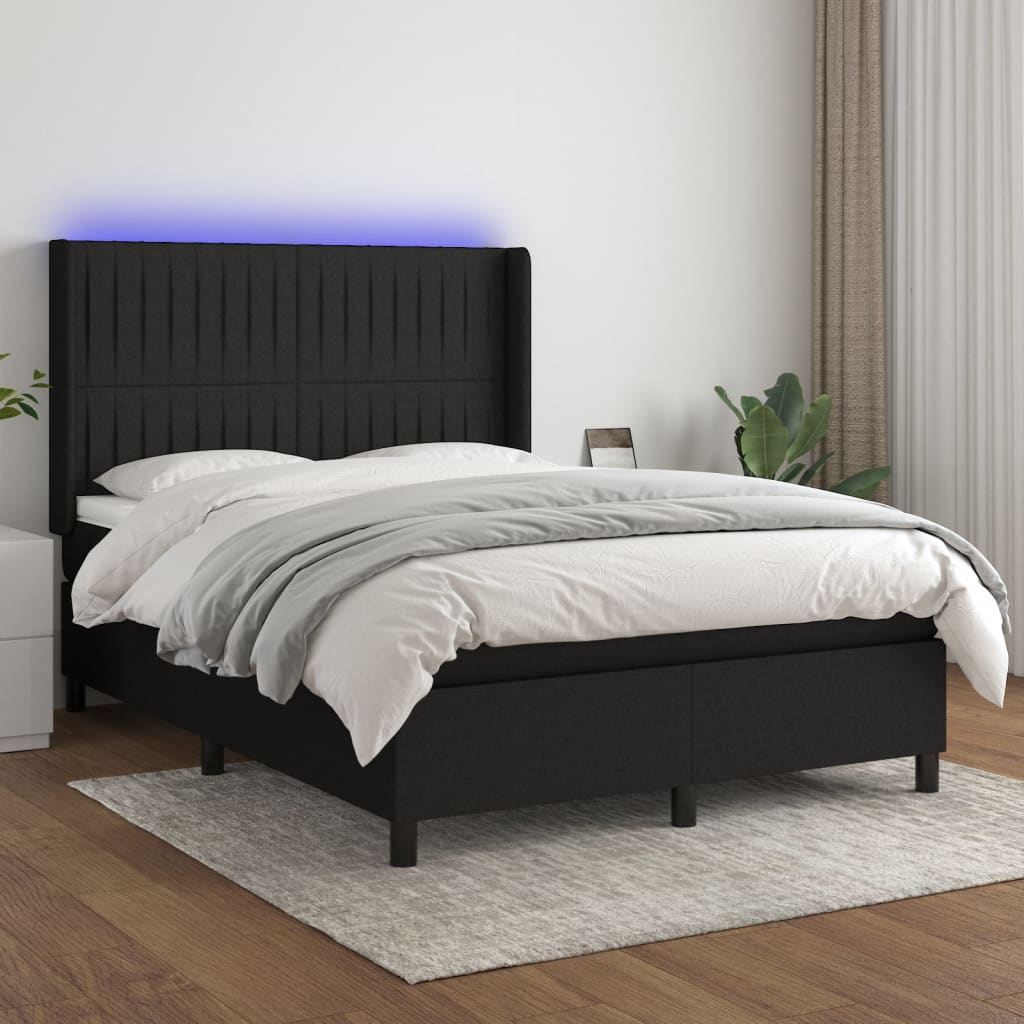 Box Spring Postel S Matrací A Led Černá Textil Černá