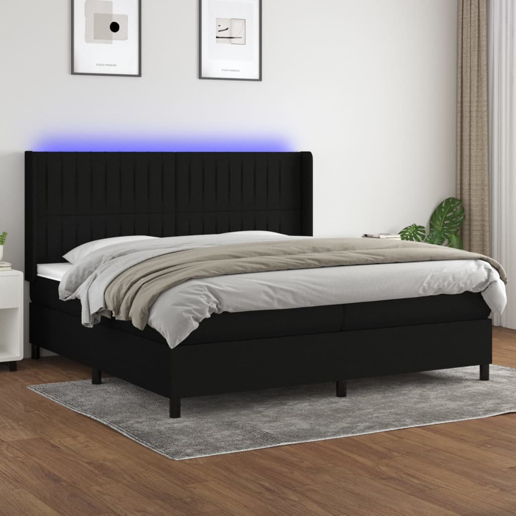 Box Spring Postel S Matrací A Led Černá Textil Černá