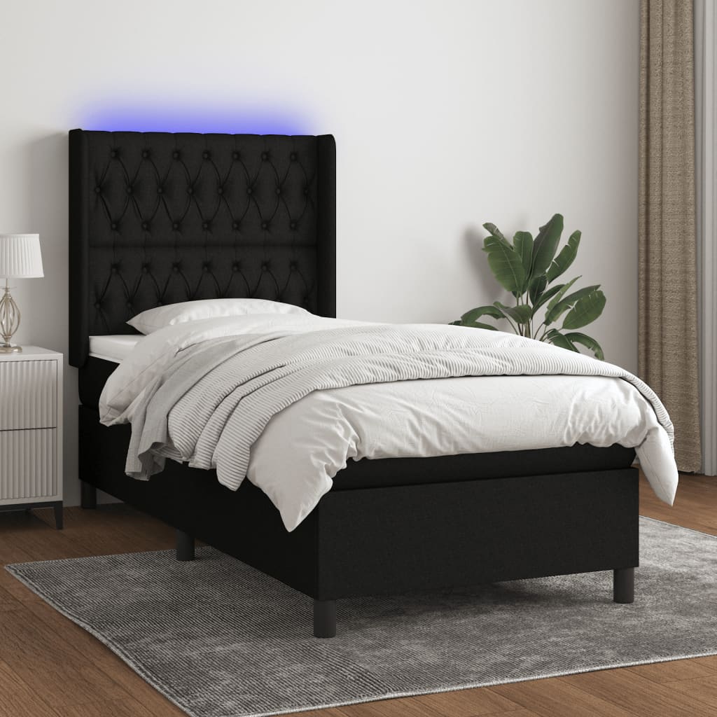 Box Spring Postel S Matrací A Led Černá Textil Černá