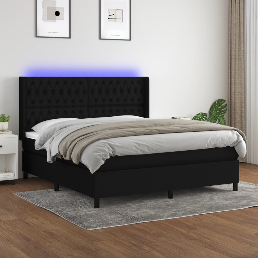 Box Spring Postel S Matrací A Led Černá Textil Černá
