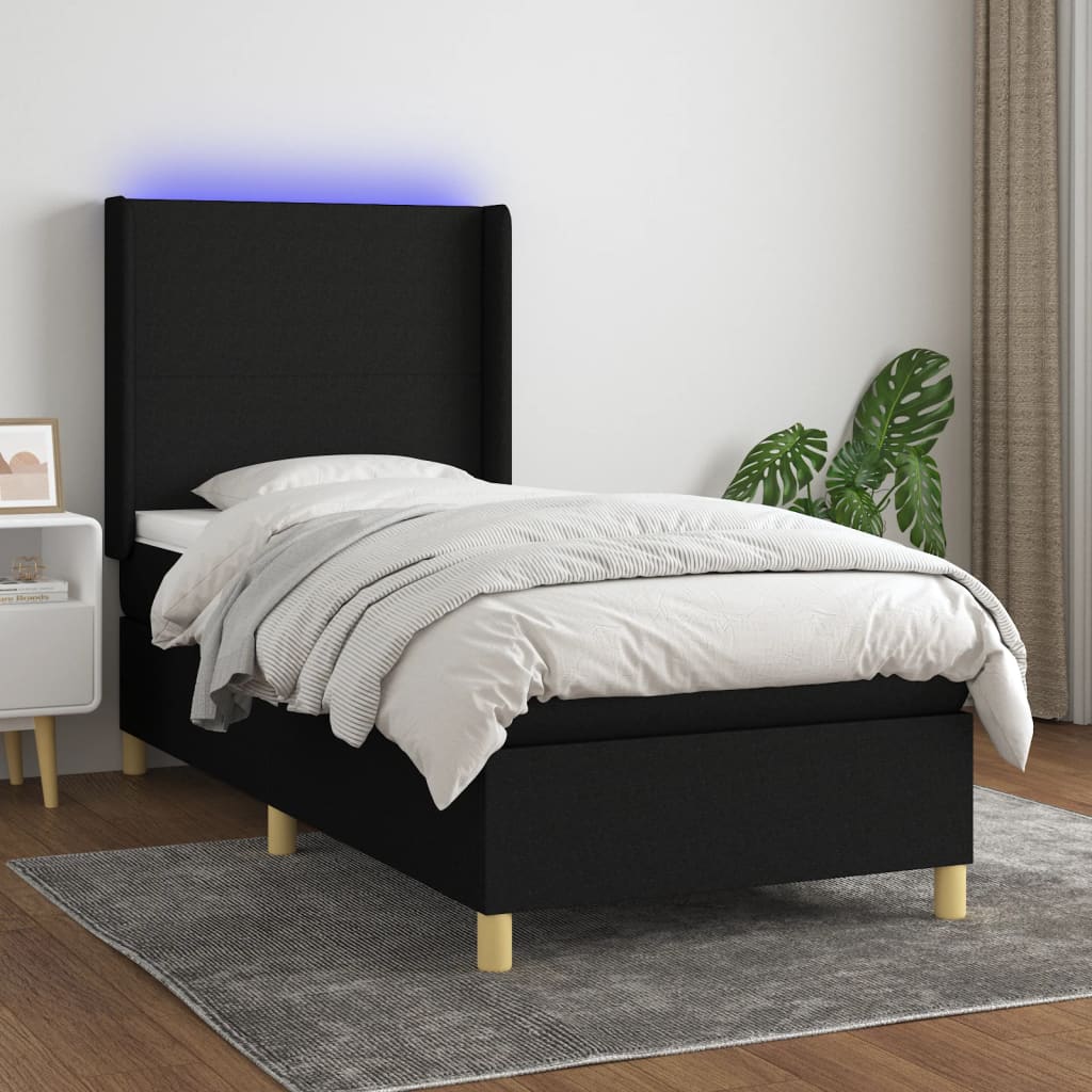 Box Spring Postel S Matrací A Led Černá Textil Černá
