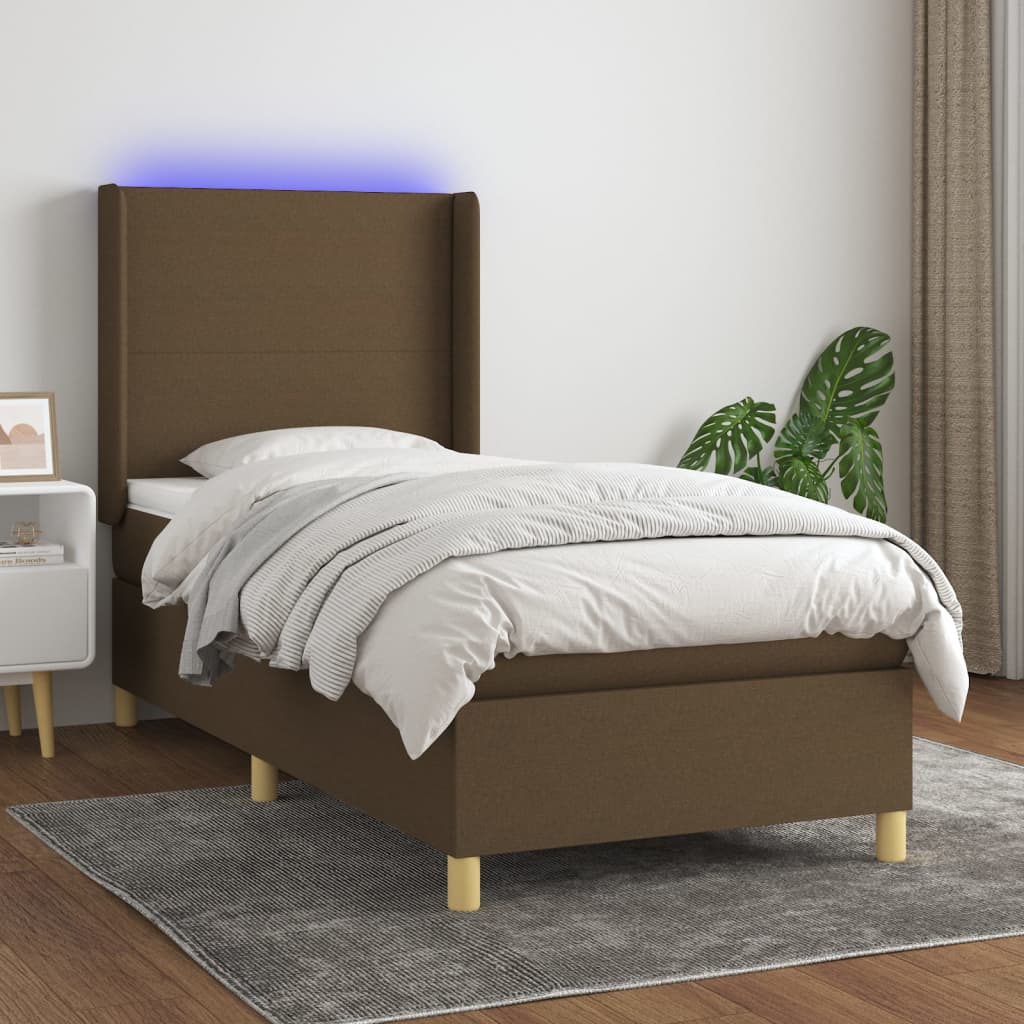 Box Spring Postel S Matrací A Led Tmavě Hnědá 100X200 Cm Textil