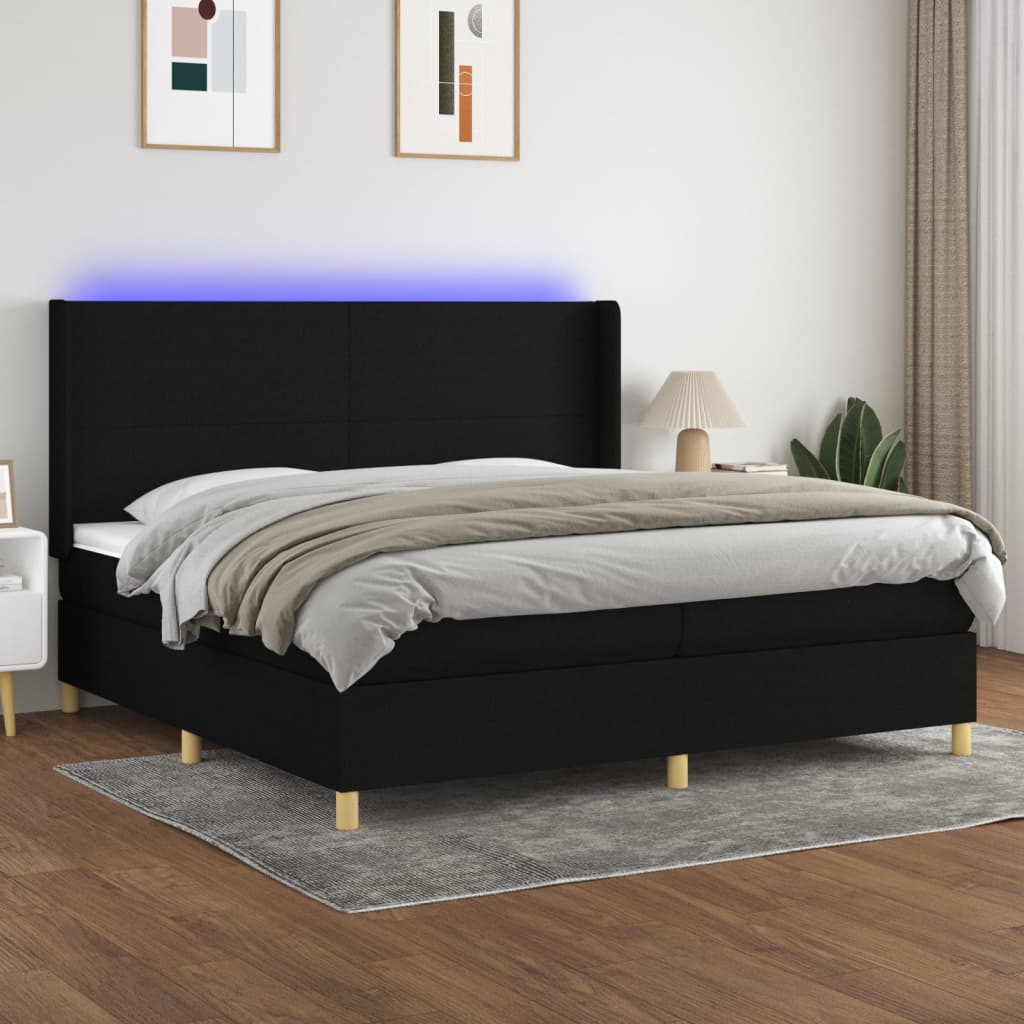 Box Spring Postel S Matrací A Led Černá Textil Černá