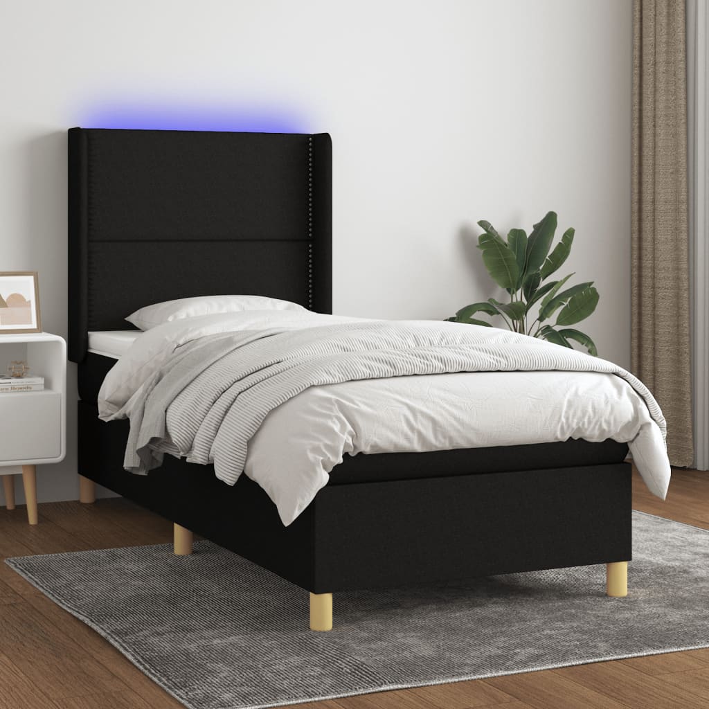 Box Spring Postel S Matrací A Led Černá Textil Černá