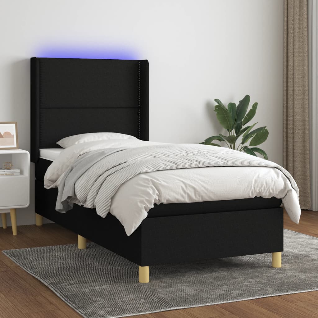 Box Spring Postel S Matrací A Led Černá Textil Černá