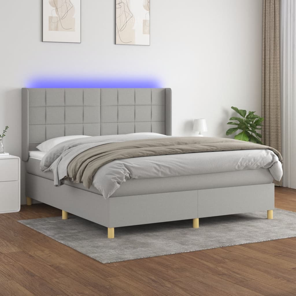 Box Spring Postel S Matrací A Led Textil Světle Šedá