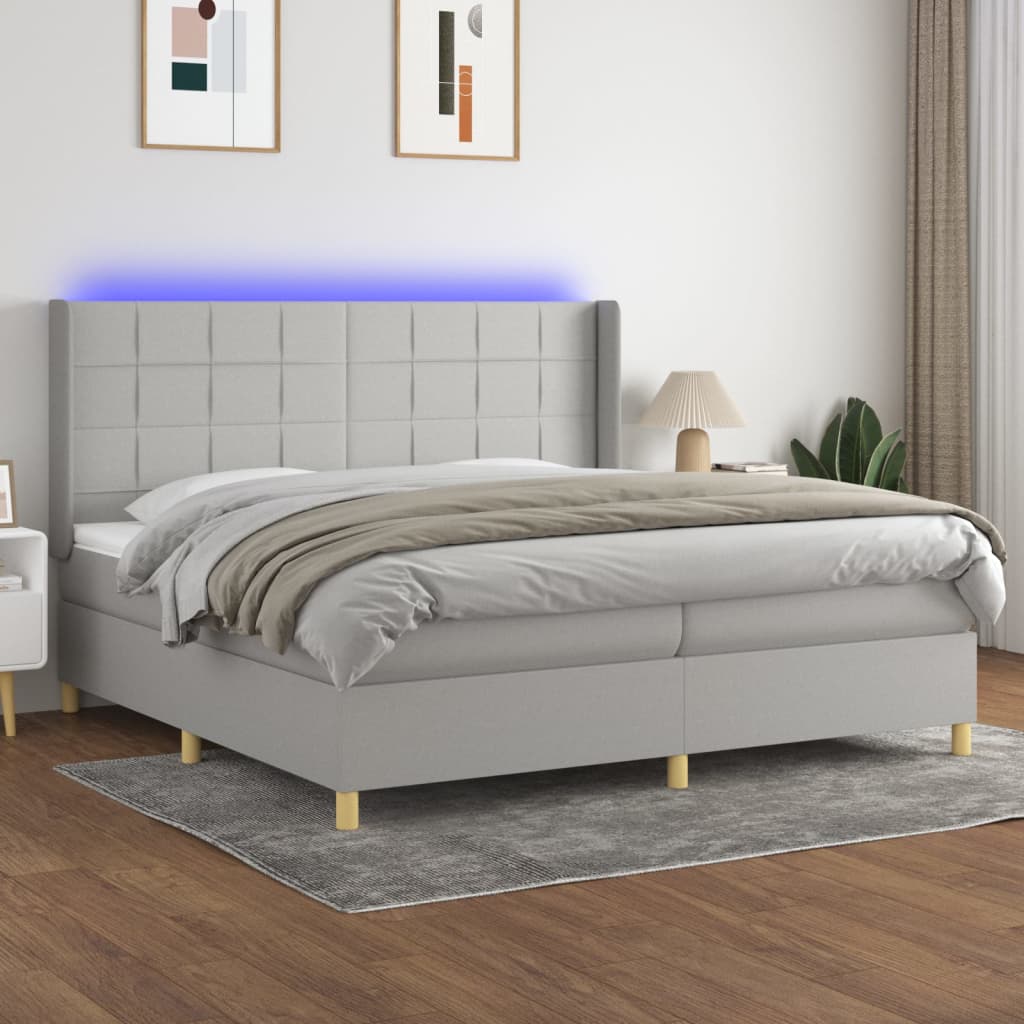 Box Spring Postel S Matrací A Led Textil Světle Šedá