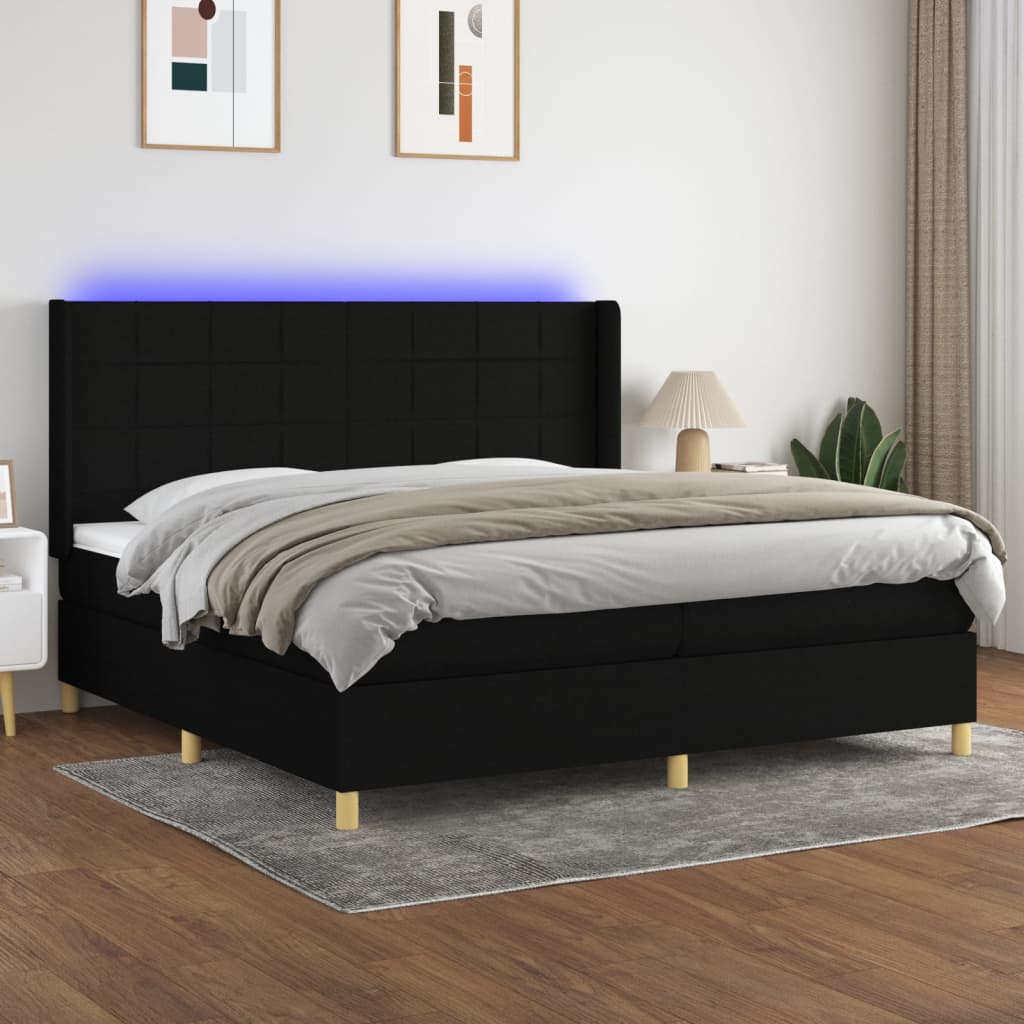 Box Spring Postel S Matrací A Led Černá Textil Černá