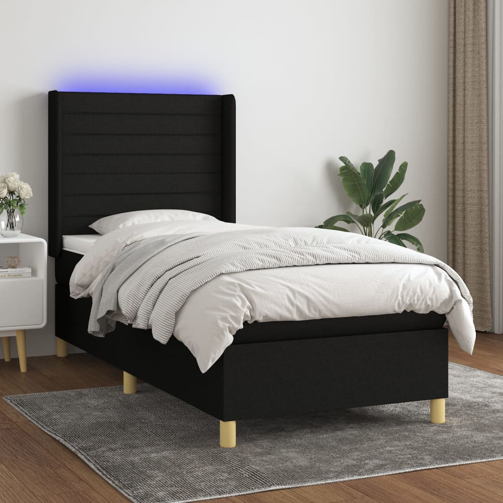 Box Spring Postel S Matrací A Led Černá Textil Černá